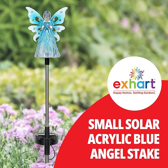 Exhart Garden Solar Lights, Decorative Angel Garden Stake, 12 LEDs, Cute Yard and Pathway Decor, Blue, 4 x 34 Inch