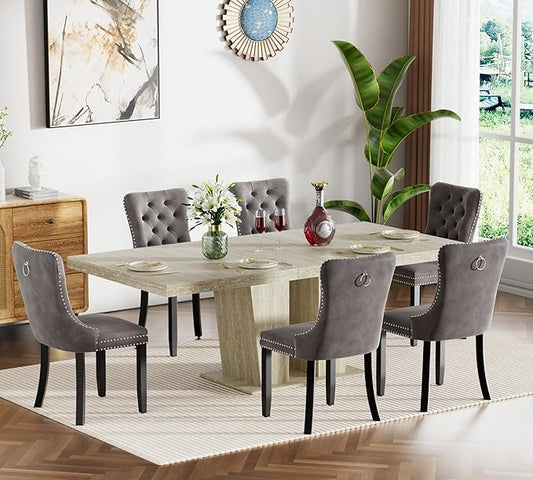 Goujxcy 7-Piece Extendable Dining Table Set for 6, 63-78 Inch Faux Travetine Kitchen Table Set with 6 Grey Upholstered Chairs Modern Wood Expandable Dining Room Table Set for Kitchen Apartment