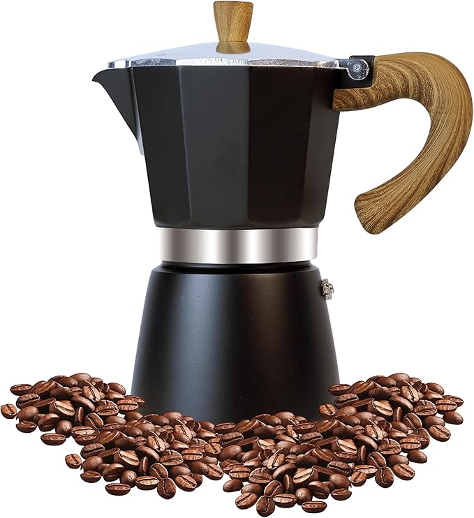 Moka Pot Espresso Coffee Maker and Manual Coffee Bean Grinder, 300ml-6 Cups Espresso Maker, Easy To Use And Clean, Camping Home Use,Suitable For Mocca Puccino Coffee (Black)