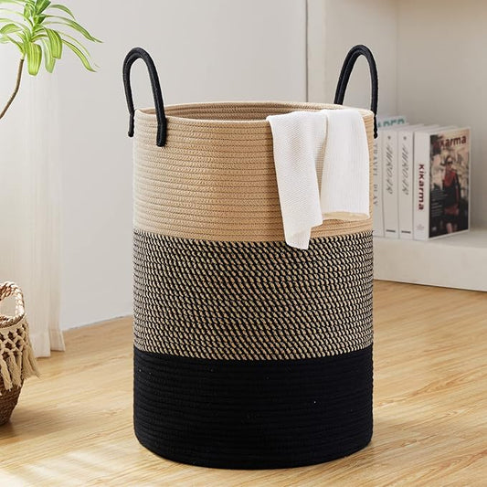 Fiona's magic 72L Large Woven Laundry Hamper, Tall Cotton Rope Storage Basket, Jute Baby Nursery Hamper for Blankets, Toys and Clothes in Bedroom and Living Room Organizing, Brown & Black