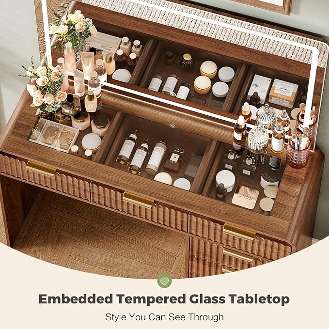 47“Makeup Vanity Desk with 44.8" Mirror and Lights, Vanity Desk with 7 Drawers, Makeup vanity table with a glass tabletop, 3 Color Modes & Adjustable Brightness Dressing Table, Bedroom,Walnut