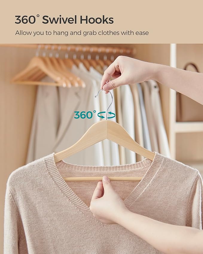 SONGMICS Wooden Hangers, Pack of 12, Coat Hangers, Non-Slip, Pants Bar, 360° Swivel Hooks, for Jackets, Shirts, Coats, Natural Beige UCRW010N12
