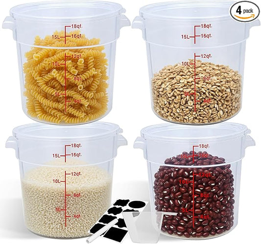 4 Pack 18QT Round Food Storage Containers with Lids, BPA-Free Polypropylene NSF Commercial Food Container, with Labels & Measuring Cup