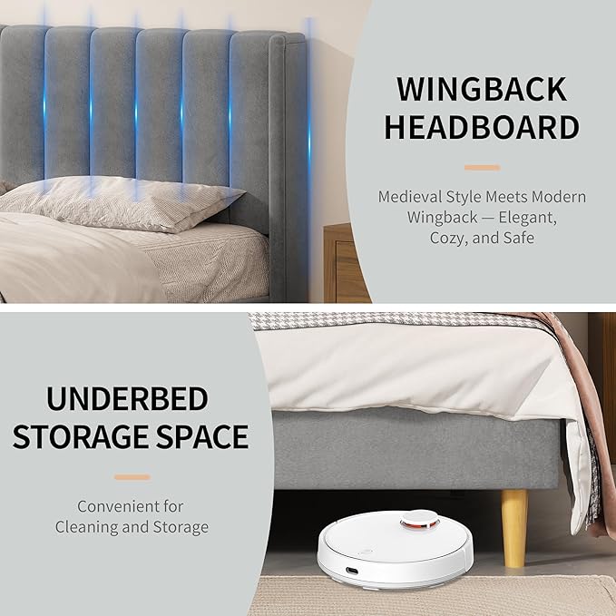 Twin Size Upholstered Platform Bed Frame with Modern Wingback & Vertical Panel Headboard, Velvet Fabric, Wooden Legs & Slats Support, No Box Spring Needed, Noise-Free & Easy Assembly, Grey