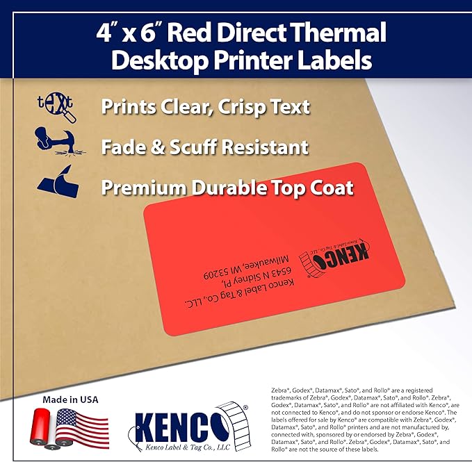4" X 6" Direct Thermal Perforated Stickers Labels for Shipping Labels, Inventory, and Color Coding - Compatible with Zebra, Rollo, Godex and More (Red, 12 Rolls)