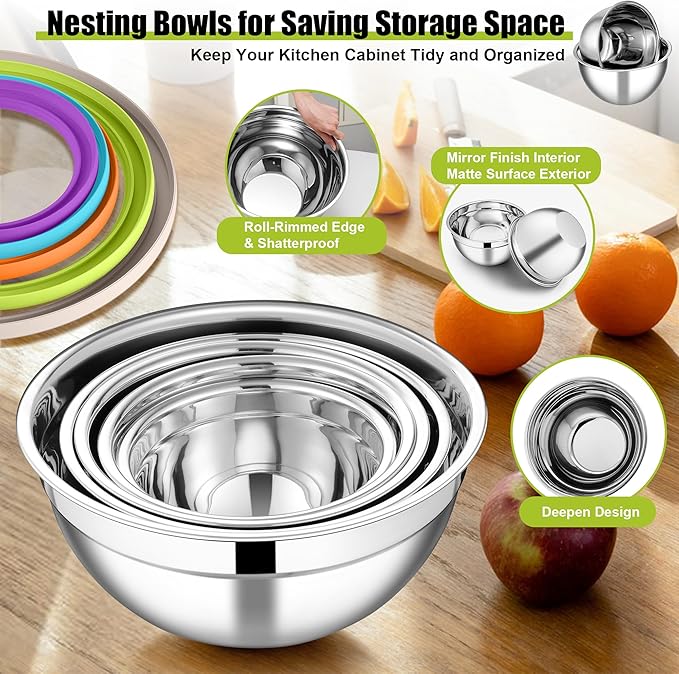 E-far Mixing Bowls with Lids Set of 5, Stainless Steel Salad Mixing Bowl with Transparent Lid, Metal Nesting Storage with 3 Graters for Kitchen Prepping/Serving/Baking, 4.6/2.6/1.5/1/0.7 QT - Colorful