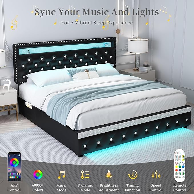 Full Led Bed Frame with 2 Drawers, Heavy Duty Sturdy Metal Platform Bed Frames Full Size with Adjustable Height Crystal Button Tufted Headboard, Easy Assembly, No Box Spring Needed, PU Black