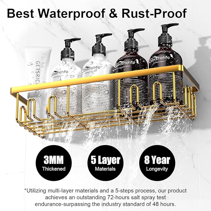 2025 New Adhesive Shower Caddy, Shower Shelves with 16 Hooks, Golden 2 Pack