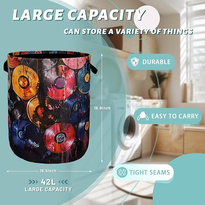 Colorful Music Graffiti Laundry Basket Foldable With Handles Tote Bag Oxford Cloth Funny Laundry Hamper 18.9" x 16.5" Clothes Storage Bucket Toy Organizer For Bathroom/Laundry/Bedroom