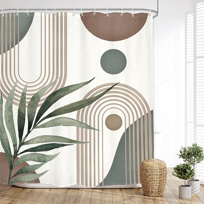 Glawry Boho Shower Curtain Brown Mid Century Abstract Plant Palm Leaves Modern Arch Curve Bathroom Minimalist Geometric Aesthetic 60Wx72L Inches Bath Accessories Art Home Decor Fabric 12 Pack Hooks