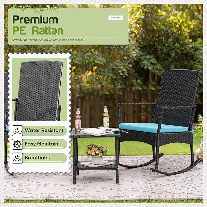 Flamaker Rocking Chair Outdoor PE Rattan Patio Chairs with Glass Table High Back Porch Rocker for Balcony, Garden, Backyard (Blue)