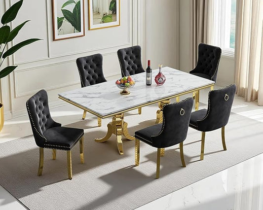 Goujxcy Faux Marble Dining Table Set for 6, Modern 7-Piece Dining Table Set with 6 Velvet Upholstered Chairs, 70" Large Long Faux Marble Kitchen Dining Room Table and Chairs with Stainless Steel Legs