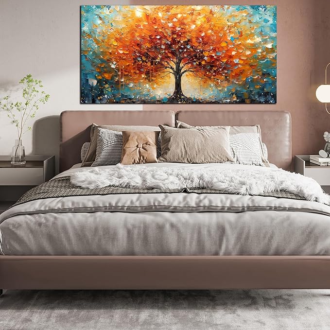 Zoyotago Large Canvas Wall Art Orange Yellow Tree Picture Modern Canvas Prints Ready to Hang for Bedroom Living Room Size 30x60