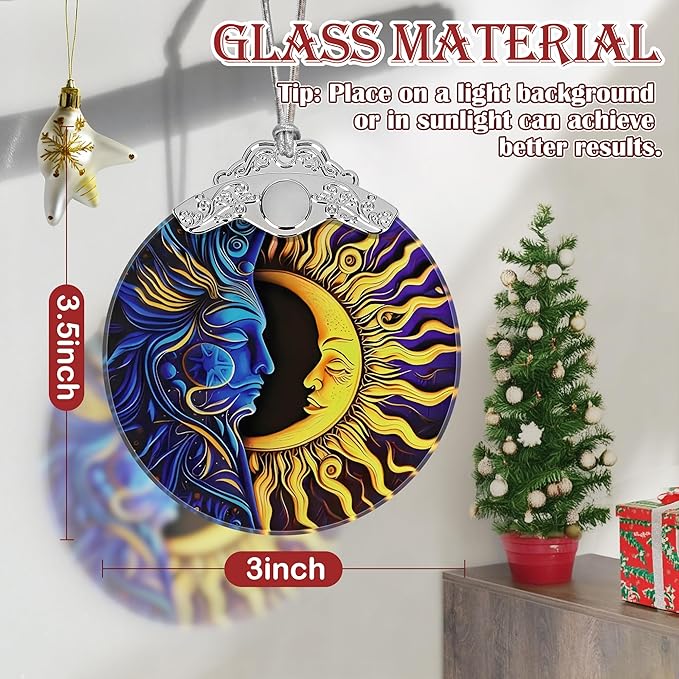 Sun Moon Christmas Ornament - Stained Glass Hanging Decoration for Holiday Tree, Home Decor, Gift Exchange Idea - Sun and Moon Last Forever