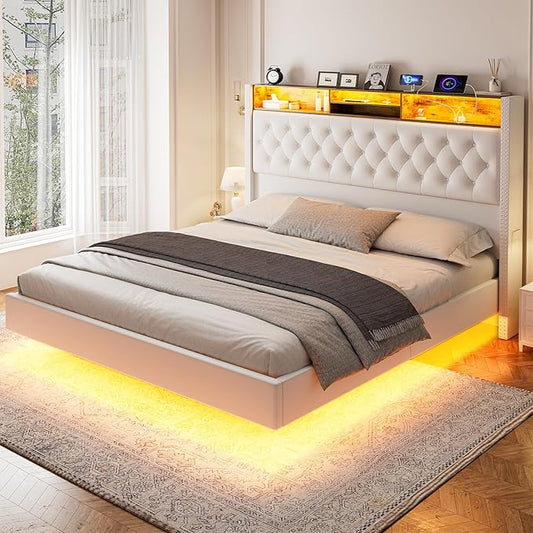 Floating King Size Bed Frame with Headboard and Storage, 60“ Upholstered Bed Frame with LED Light and Charging Station