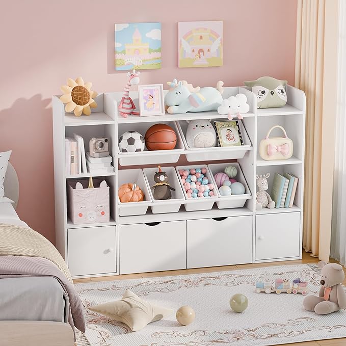 Xilingol Kids Toy Storage Organizer W/6 Removable Toy Bins, 4-Tier Toy Organizers W/6 Storage Cubbies and 2 Movable Drawers, Kid Bookshelf and Toy Storage for Playroom, Bedroom, Kids Room (White)