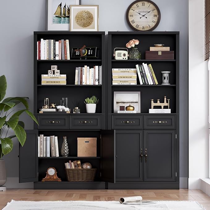 71.4" Tall Bookshelf with Drawers & Cabinet, 5-Tier Floor Standing Bookcase with Storage Doors, Adjustable Shelves & Metal Handles, 31.5" Wide Organizer for Home Office, Living Room