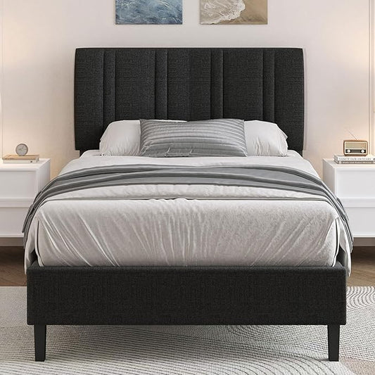 Twin Bed Frame, Upholstered Platform Bed with Button Tufted Headboard, Black Bed Frame Twin Size for Kids Girls Boys, No Box Spring Required, Easy Assembly, Black