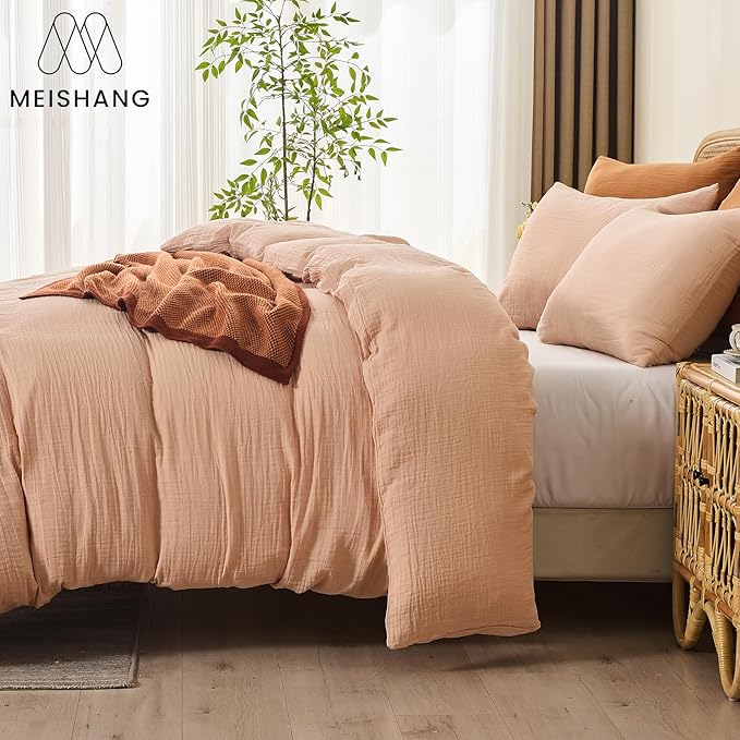 MEISHANG Muslin Duvet Cover King Size - 100% Organic Cotton, Soft Textured Gauze Weave Comforter Cover for Breathable All-Season with Zipper Closure - 3 Piece Set (King, Cameo Rose)