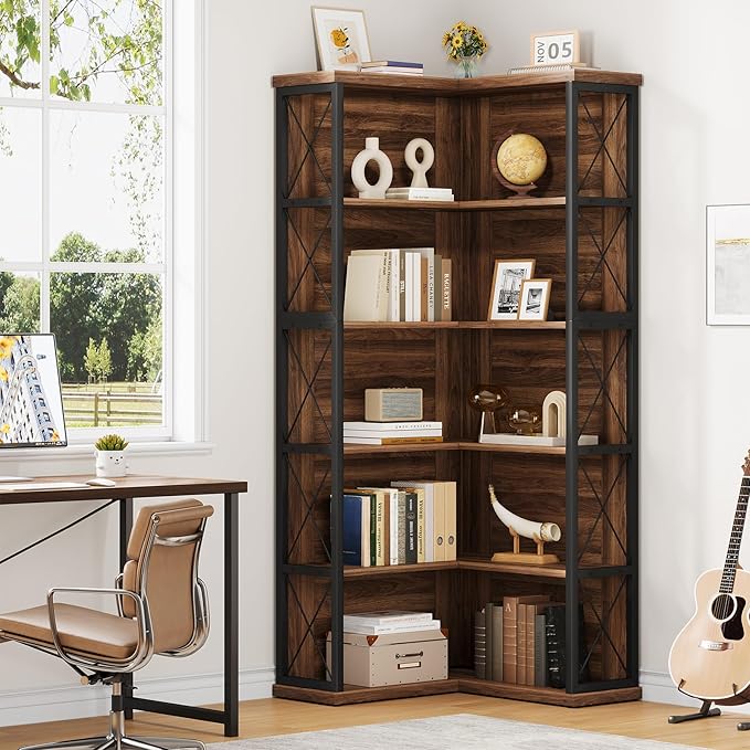 5-Tier L Shaped Bookshelf, Vintage Industrial Corner Bookcase, Large Tall Storage Shelves Display Rack with Metal Frame for Living Room, Home Office, Bedroom, Dark Walnut