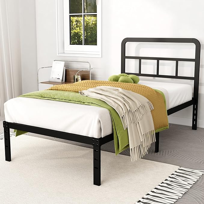 14 Inch Twin XL Bed Frame with Headboard No Box Spring Needed Metal Platform Heavy Duty Steel Slat Mattress Foundation/Easy Assembly/Noise Free/Black