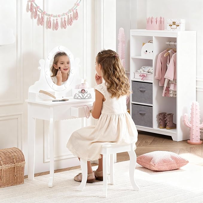 Spirich Kids Vanity, Girls Vanity Set with Mirror and Stool and Lights, Kids Vanity Table and Chair Set,Wooden Princess Makeup Desk Dressing Table