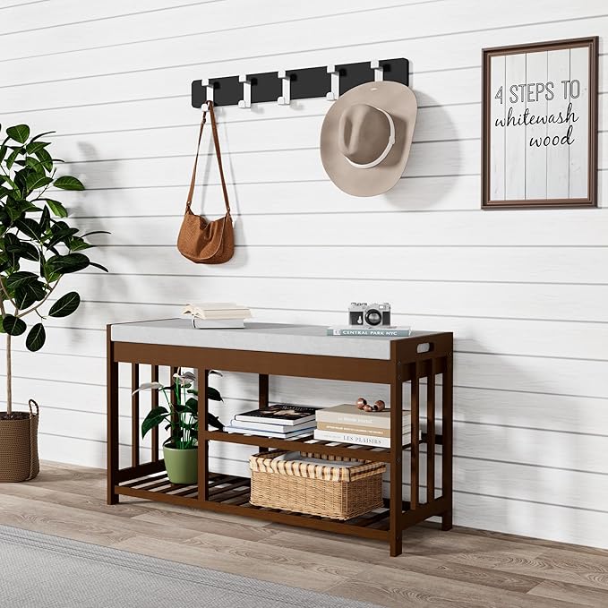 3-Tier Bamboo Shoe Rack Bench, Shoe Storage Organizer Bench, Entryway Benchs, Shoes Rack for Front Door Entrance, Entryway Bathroom Bedroom