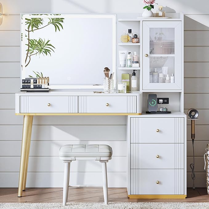 LINSY Vanity with Glass Top, White Makeup Vanity with Mirror and Lights, Large Vanity Desk with Storage, Drawers, Cabinet and Outlet, Modern Fluted Vanity Table for Bedroom, Women, Girls