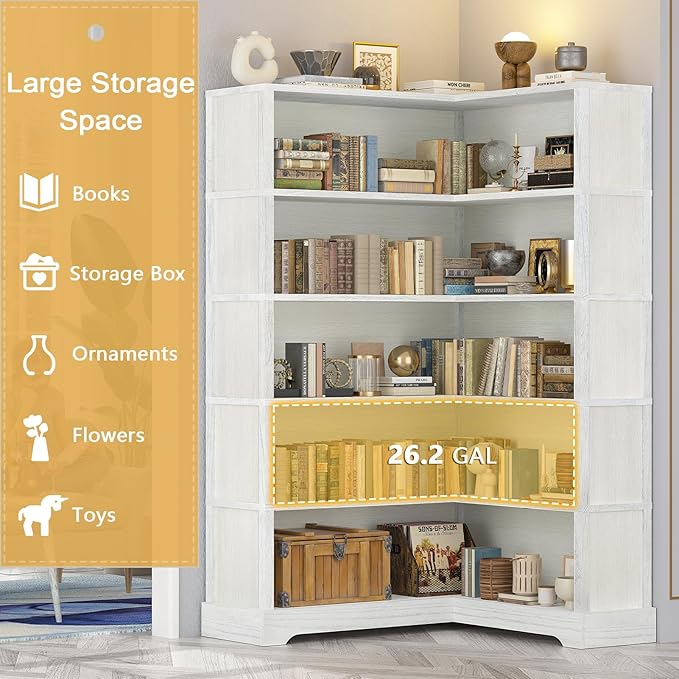 TVU Wood Corner Book Shelf, 5 Tier 65 Inch Tall Bookshelf with Storage, Floor Standing Display Book Shelf for Living Room, Kitchen, Home Office, Antique White