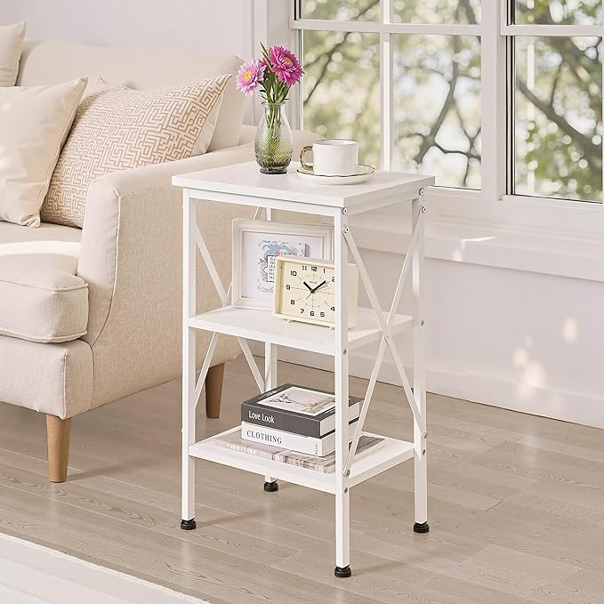 VECELO End Table, Bedside Table, 24" Tall Living Room End Tables, X-Design Reinforced Nightstands, Side Table with 3-Tier Storage Shelves for Small Spaces, Office, Bathroom, Bedroom, Pearl White