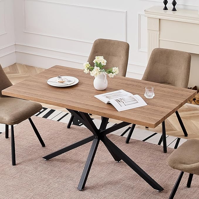 55.1 Inch Dining Table for 4 6 People Rectangular Wooden Kitchen Tables Mid Century Modern Dinner Table Long Dinning Room Table with Metal Cross Legs for Kitchen Living Room Comedor(Brown)