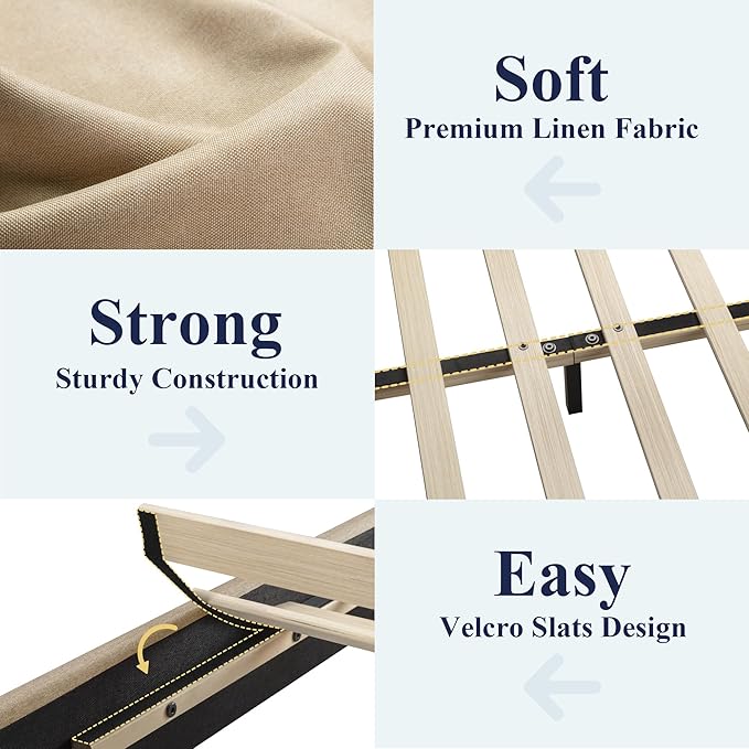 Allewie King Size Bed Frame with Adjustable Headboard, Upholstered Platform Bed with Wood Slats, Heavy Duty Mattress Foundation, No Box Spring Needed, Noise-Free, Easy Assembly, Beige