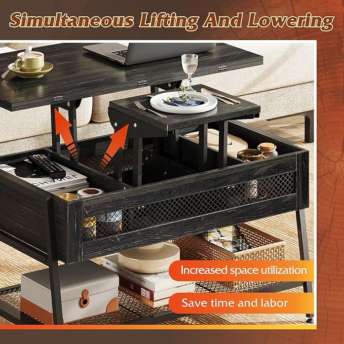 WLIVE Lift Top Coffee Table, 3 in 1 with Hidden Compartment, Multi-Function Coffee Table Converts to Dining Table for Living Room,Charcoal Black