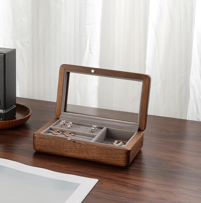 Walnut Jewelry Storage Box with Glass Lid, Multi-Functional Wooden Jewelry Organizer, Soft Velvet Interior, Natural Wood Craft Display Box for Rings, Earrings, Necklaces, Valentine’s Day Gift