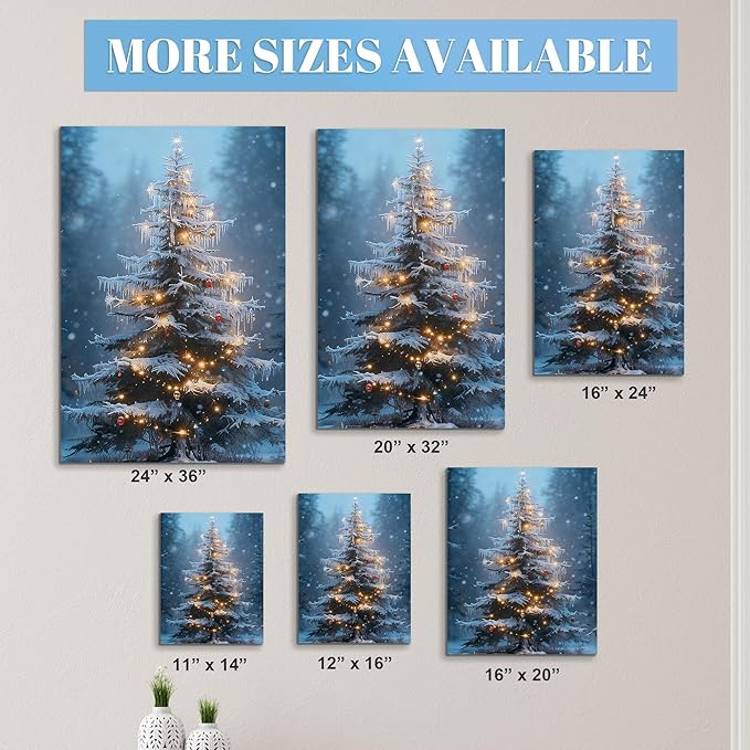 Framed Christmas Pictures Wall Decor,Vintage Pine Tree Prints,Winter Christmas Canvas Wall Art Decoration for Bedroom Bathroom Living Room Rustic Xmas Holiday Gifts (Christmas Tree 15, 16'' X 24'')