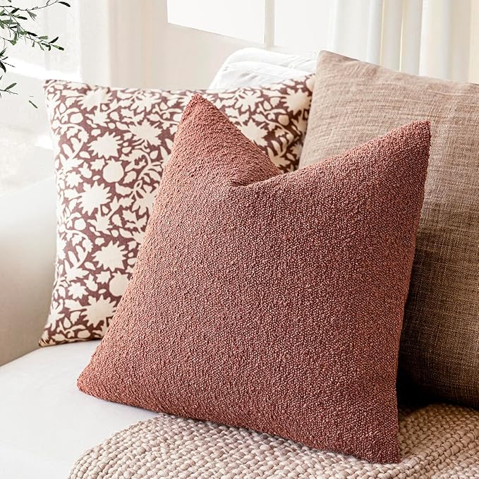 Foindtower Set of 2, Decorative Textured Boucle Throw Pillow Covers Accent Solid Pillow Cases Neutral Cozy Couch Cushion Case for Chair Sofa Bedroom Living Room Home Decor 24x24 Inch Orange Rust Red