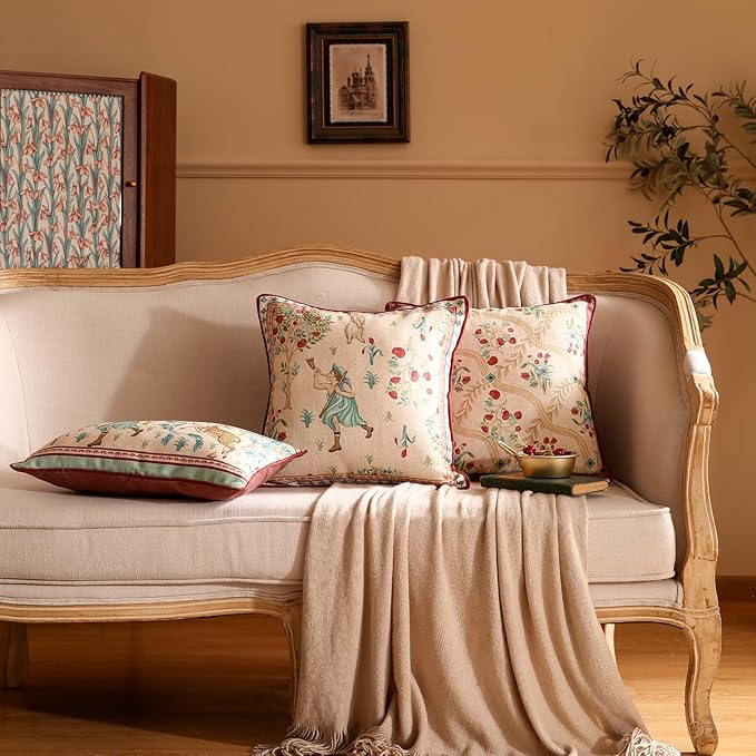 patdrea Designer Pack of 2 Square Throw Pillow Covers,Farmhouse Vintage Linen with Beige Ancient Idyll Pattern Pillows Cover,Decorative Pillowcases Cushion for Bed Living Room Outdoor Car,18"x18"