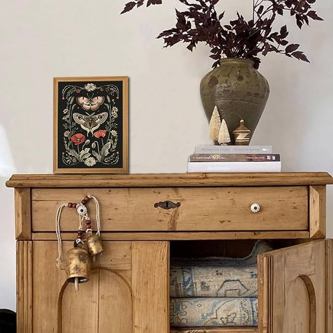 Vintage Framed Wall Art - 3D Textured Classical Style Moth Pictures Wall Decor - Hand Drawn Flowers Nature Art Painting for Living Room Bedroom Home Decor 8x10in