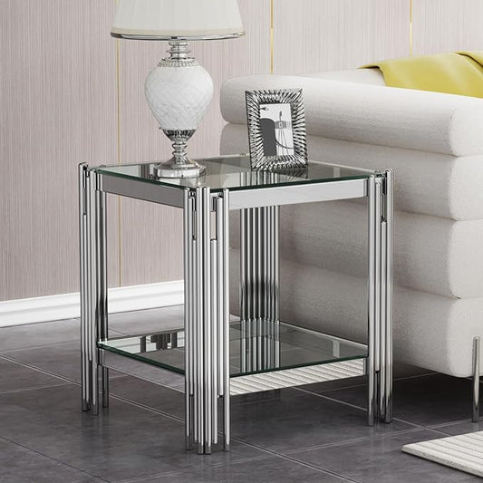 Goujxcy Modern Glass End Table Silver Sofa Side Table with Clear Glass Top and Mirror Stainless Steel Legs, Luxury Square Coffee Tea Table Bedside Tables for Living Room Bedroom, Silver