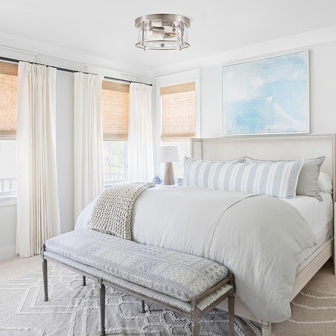 LamQee Flush Mount Ceiling Light with Clear Hammered Glass, Industrial 2-Lights Farmhouse Close to Ceiling Light Fixtures Round Low Profile Lights for Kitchen Hallway Foyer Entrance Bedroom Nickel