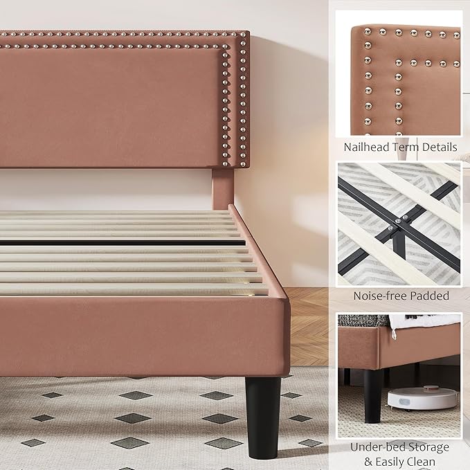 VECELO Full Size Bed Frame with Adjustable Upholstered Headboard, Wooden Slats Platform, Noise-Free Design, No Box Spring Needed, Easy Assembly