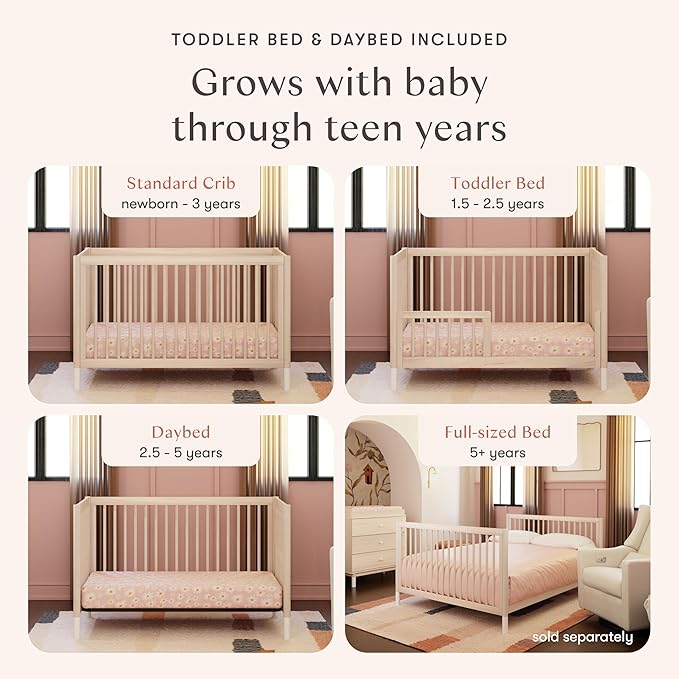 Babyletto Gelato 4-in-1 Convertible Baby Crib with Wooden Toddler Bed, Daybed & Full-Size Bed Conversion - GREENGUARD Gold Certified - 4 Adjustable Mattress Heights - Washed Natural & White