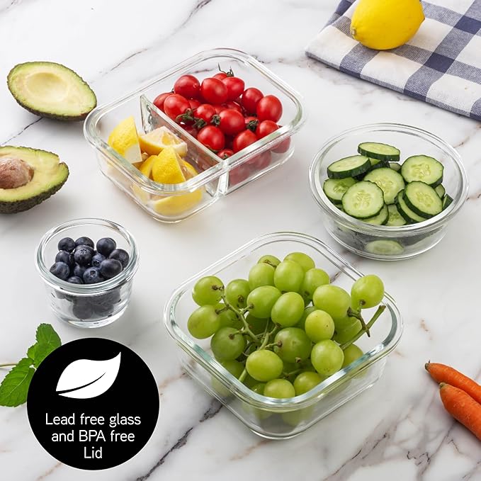 COOK WITH COLOR Premium 32-Pc. Borosilicate Glass Food Container Set with Dividers - 4 Rectangles, 8 Rounds, 4 Squares - Leakproof Lids - Meal Prep, Storage, Ombre Black