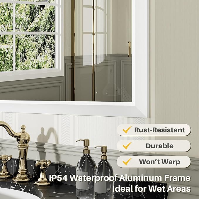 48x36 Inch White Bathroom Mirror for Wall, Thick Metal Framed Rectangle Mirrors for Over Sink, Bedroom, Living Room, Entryway, Anti-Rust, HD Tempered Glass