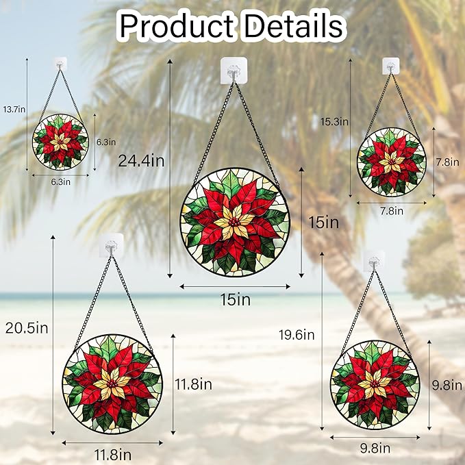 Stained Glass Window Hanging - Red Poinsettia Birth Flower Sun Catcher for Door Garden Home Decor Suncatcher Christmas Mother's Day Birthday Gifts for Women Men Mom Girl Nana Friend 7.8 in