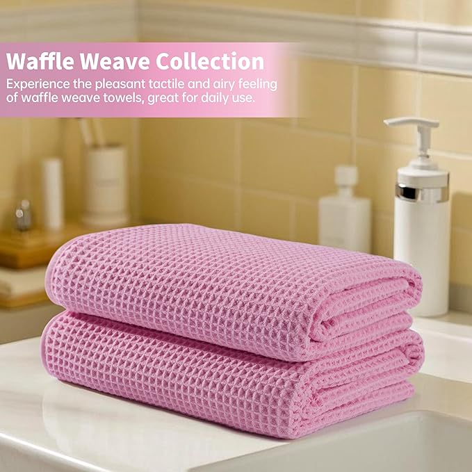 Microfiber Waffle Bath Towels, 4 Pieces, Soft, Absorbent, Fast Drying, Lint Free (Pink)