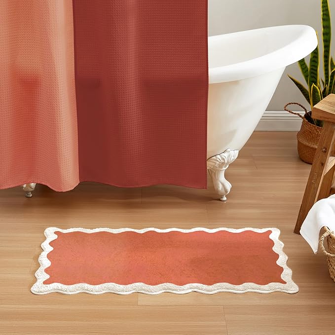 MONDAY MOOSE Bath Mat with Scalloped Wavy Ripple Design, Microfiber Absorbent Non Slip Tufted Rug for Floor, Shower or Kitchen (24x47 inch, Terracotta)