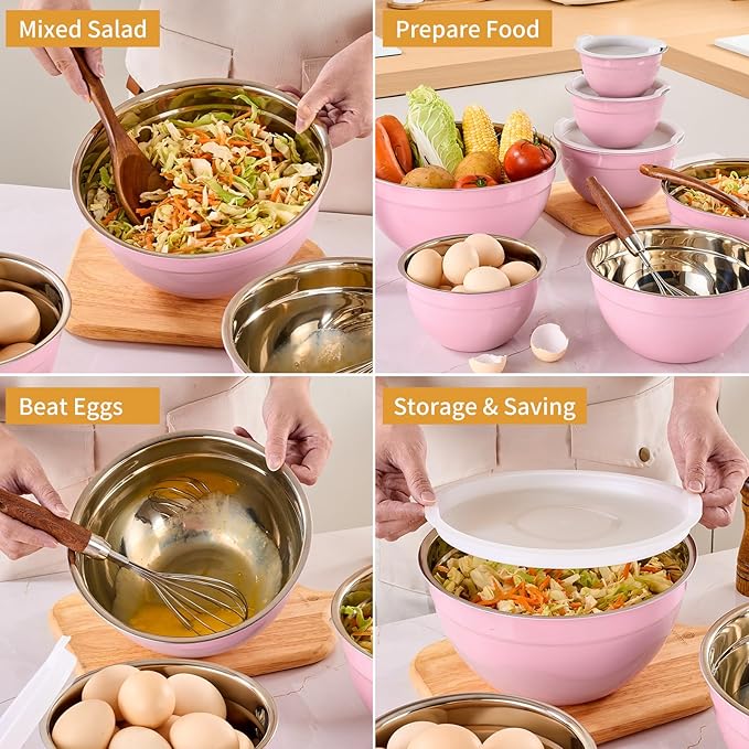Pink Mixing Bowls with Airtight Lids, Stainless Steel Nesting Mixing Bowls Set of 7, Ideal for Baking, Prepping and Serving Food, Size 7, 3.6, 2.7, 2.1, 1.5, 1.1,0.8 QT, Stackable Design