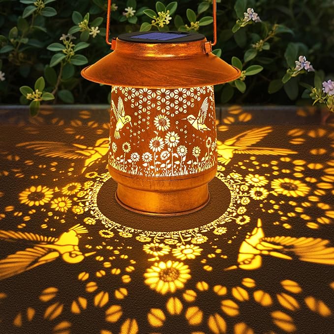 Hummingbird Solar Lanterns Outdoor Garden Decor, Sunflower Gifts for Women Mom Grandma Birthday Hanging Metal Solar Lights Waterproof Decoration for Garden Yard Lawn Patio