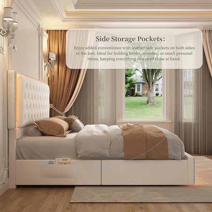 Full LED Bed Frame with 2 Drawers, Storage Platform Beds with Upholstered Crystal Button Tufted Headboard Footboard, 2 Side Pockets, No Box Spring Needed, Velvet Cream